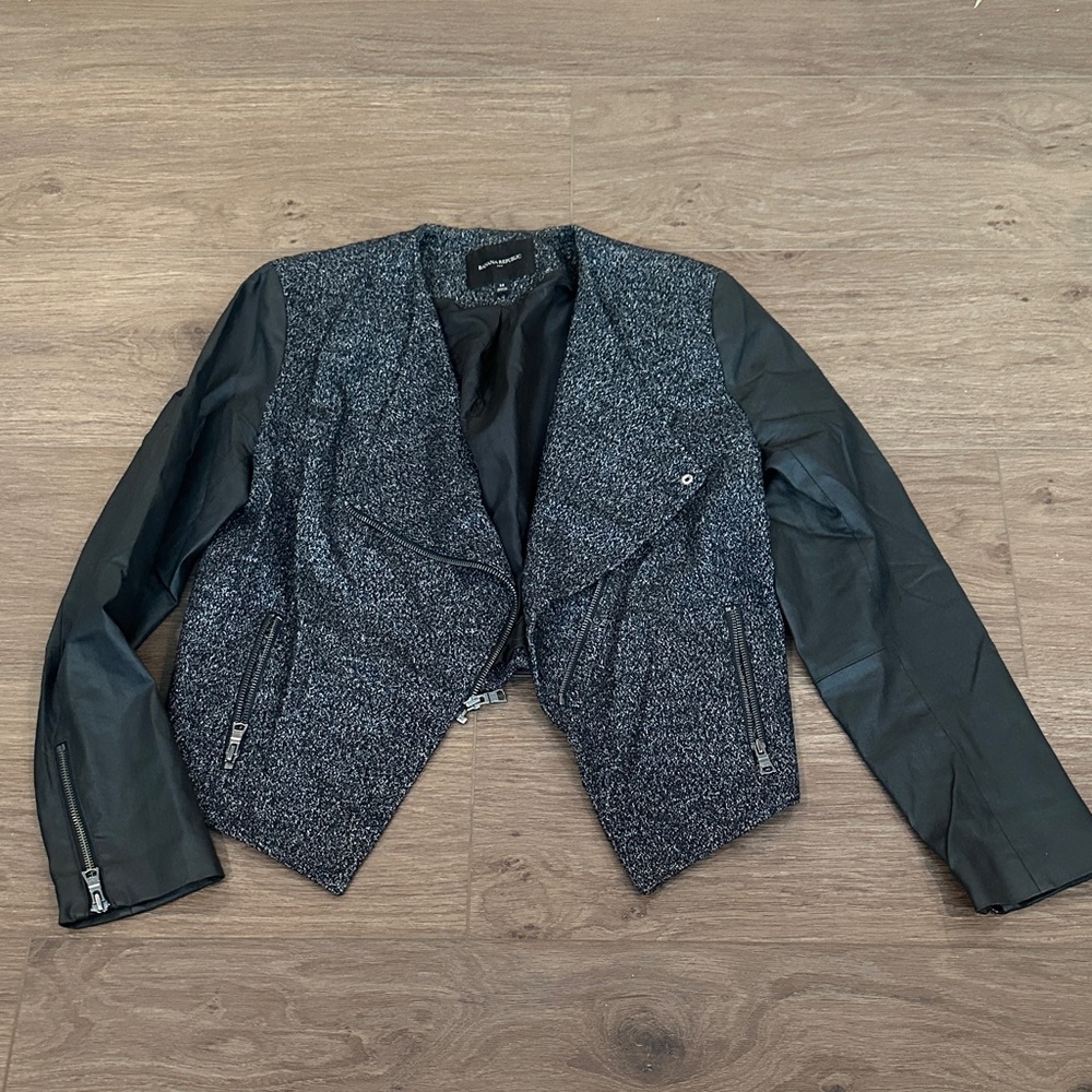 Banana Republic Asymmetric Black Gray Jacket Blazer with Faux Leather Sleeves